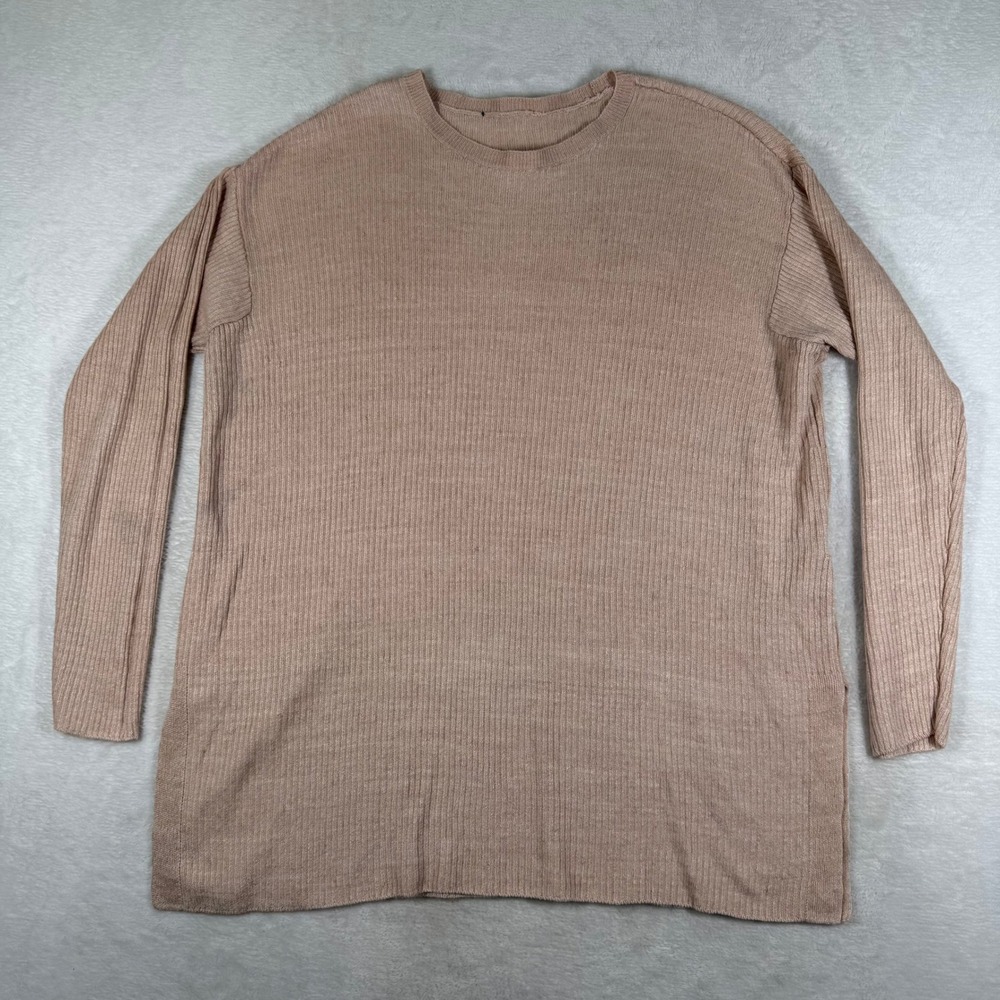 Eileen Fisher Organic Linen Ribbed Knit Crew Neck Sweater Blush Pink PTP 20"